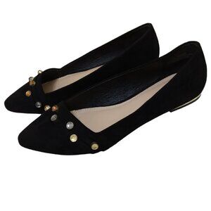 CEST 1946 | Jeweled Black Faux Suede Gold Trim Flats | Size 7